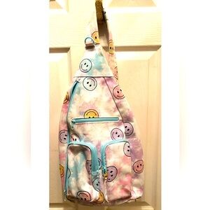 Tie Dye Smiley Face Emoji Cargo Sling Handbag Crossbody Book Travel Gym Bag